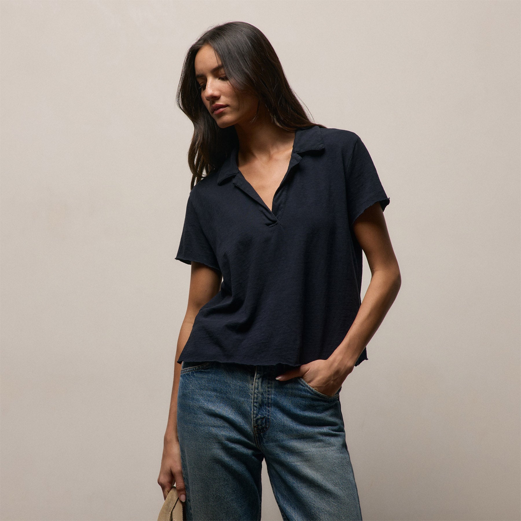 Slub Jersey Open Polo in Classic Navy | James Perse Los Angeles