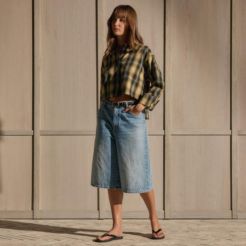 Cropped Flannel Shirt - Tan Black Mix Plaid | James Perse Los Angeles