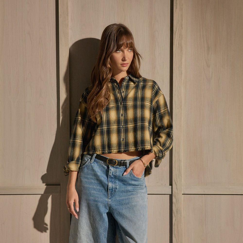 Cropped Flannel Shirt - Tan Black Mix Plaid | James Perse Los Angeles