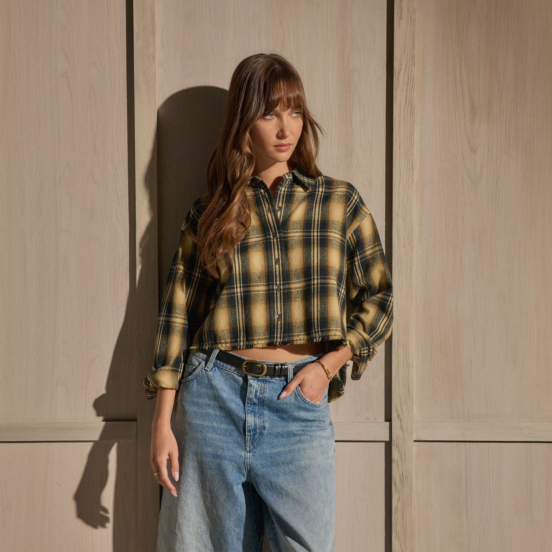 Cropped Flannel Shirt - Tan Black Mix Plaid | James Perse Los Angeles