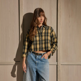 Cropped Flannel Shirt - Tan Black Mix Plaid | James Perse Los Angeles