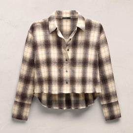 Plaid Flannel Cropped Shirt - Grey Brown Mix Plaid