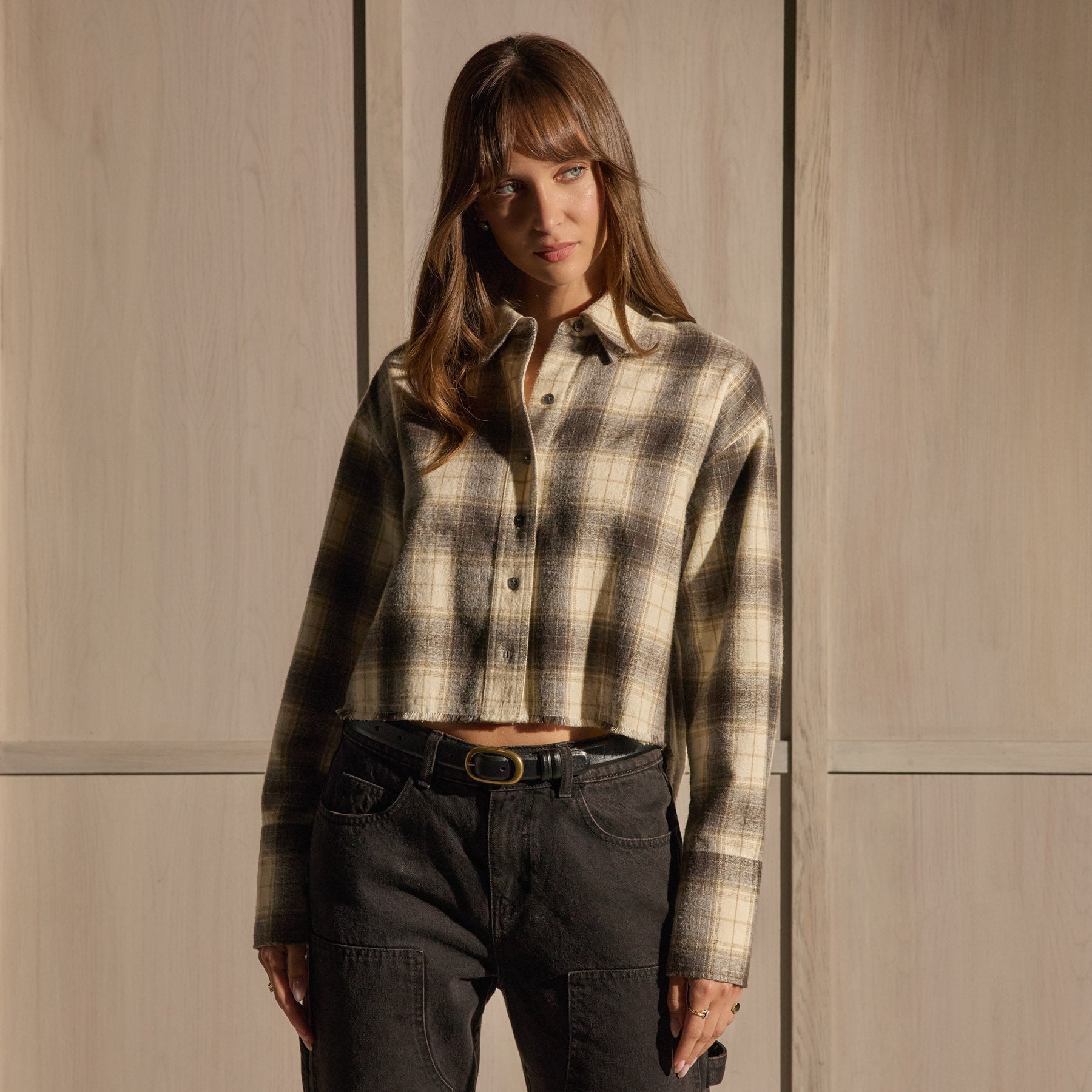 Cropped Flannel Shirt - Grey Brown Mix Plaid | James Perse Los Angeles