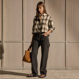 Cropped Flannel Shirt - Grey Brown Mix Plaid | James Perse Los Angeles