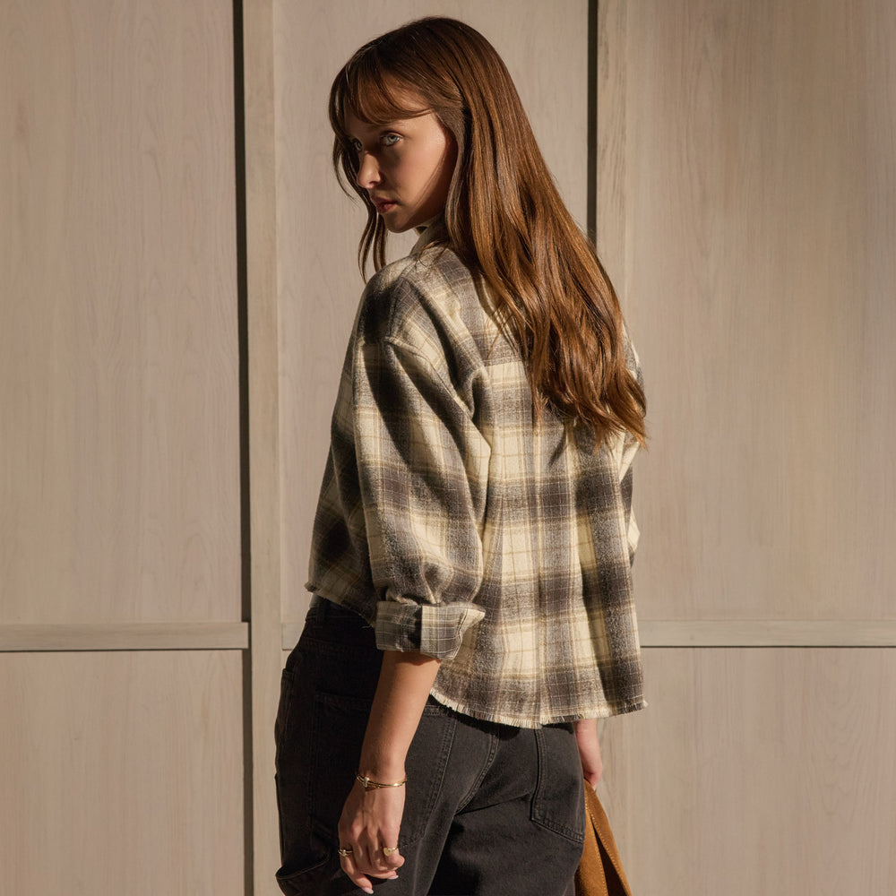 Cropped Flannel Shirt - Grey Brown Mix Plaid | James Perse Los Angeles