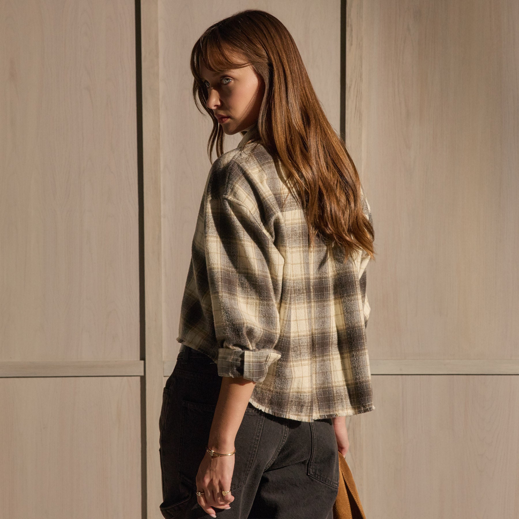 Cropped Flannel Shirt - Grey Brown Mix Plaid | James Perse Los Angeles