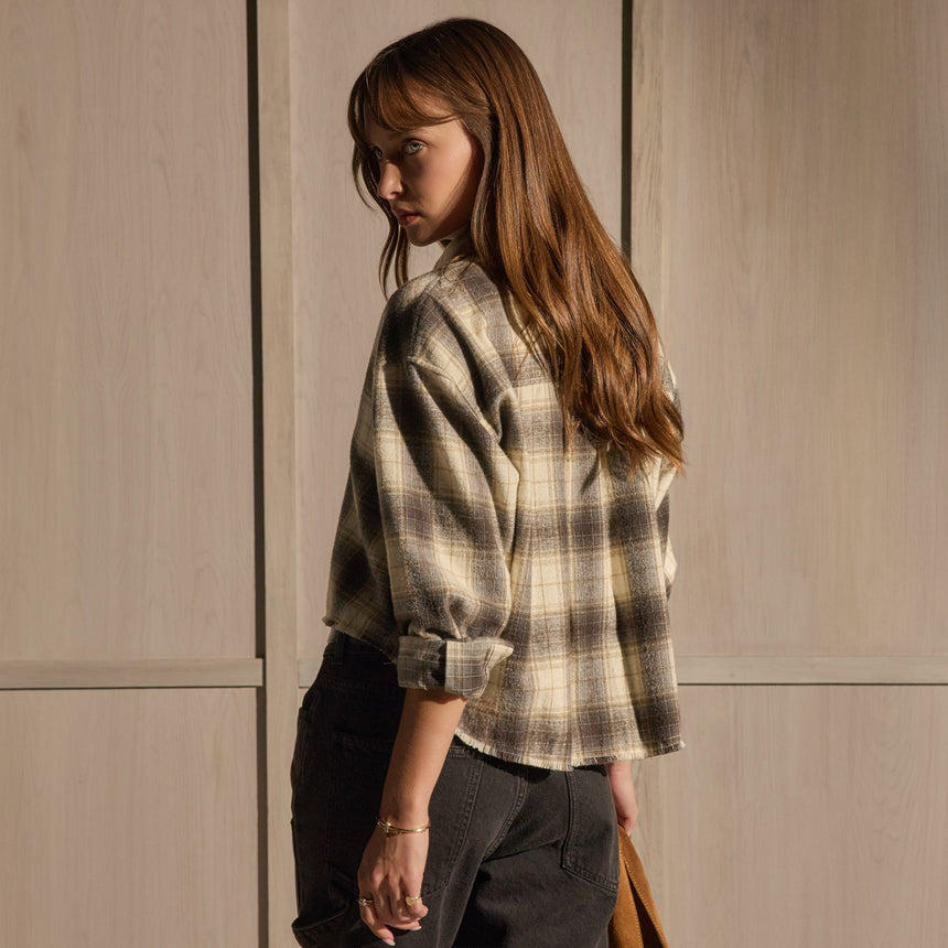 Cropped Flannel Shirt - Grey Brown Mix Plaid | James Perse Los Angeles