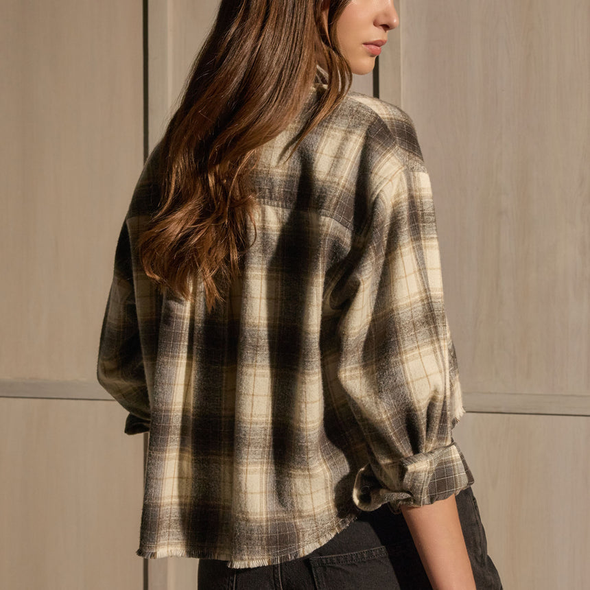 Cropped Flannel Shirt - Grey Brown Mix Plaid | James Perse Los Angeles