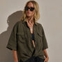 Linen Short Sleeve Utility Shirt in Army Green Pigment | James Perse Los Angeles