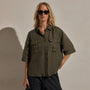 Linen Short Sleeve Utility Shirt in Army Green Pigment | James Perse Los Angeles