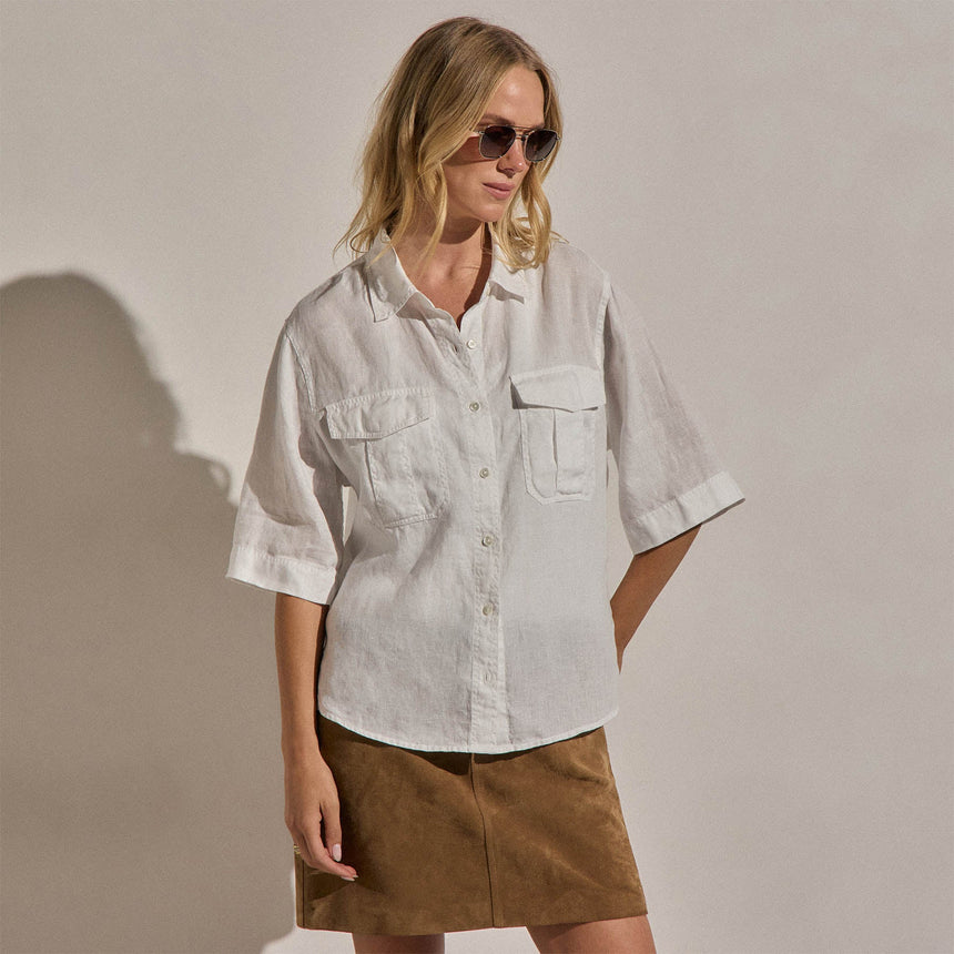 Linen Short Sleeve Utility Shirt in White | James Perse Los Angeles