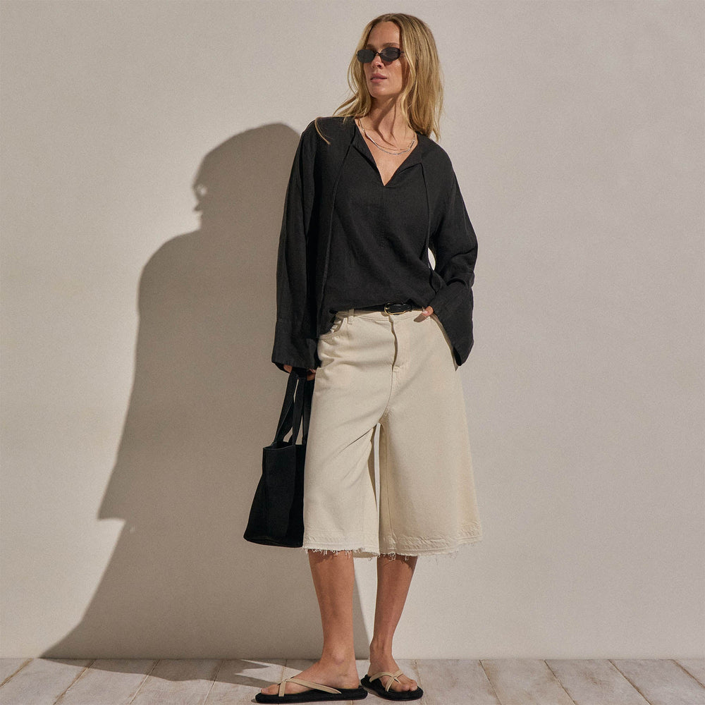 Linen Tie Front Tunic Top in Black | James Perse Los Angeles