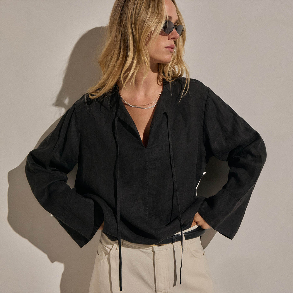 Linen Tie Front Tunic Top in Black | James Perse Los Angeles