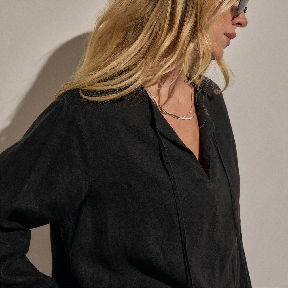 Linen Tie Front Tunic Top in Black | James Perse Los Angeles
