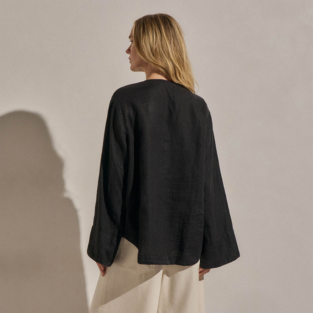Linen Tie Front Tunic Top in Black | James Perse Los Angeles