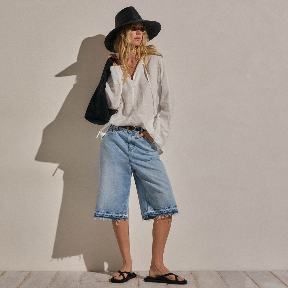 Linen Tie Front Tunic Top in White | James Perse Los Angeles