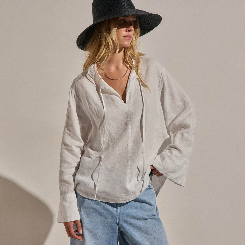 Linen Tie Front Tunic Top in White | James Perse Los Angeles