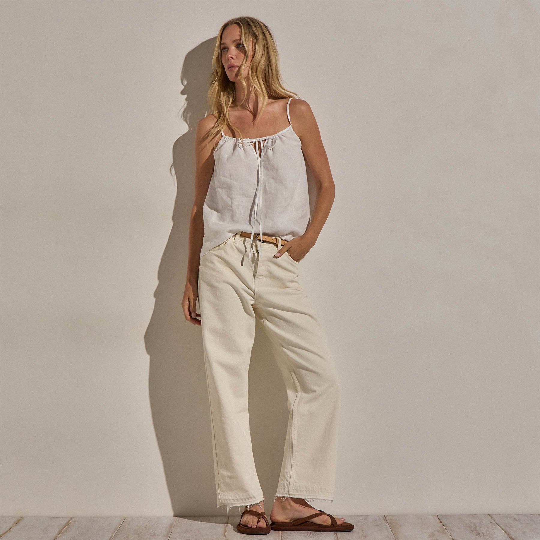 Linen Strappy Tie Cami in White | James Perse Los Angeles