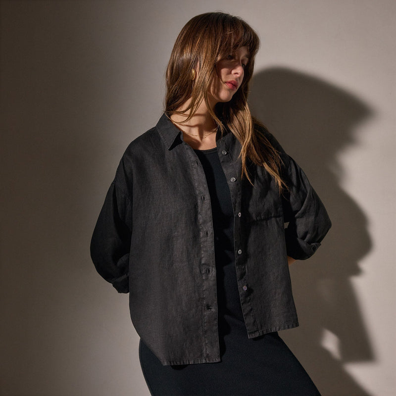 Linen Oversized Shirt in Black | James Perse Los Angeles