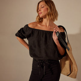 Linen Gathered Blouse in Black | James Perse Los Angeles
