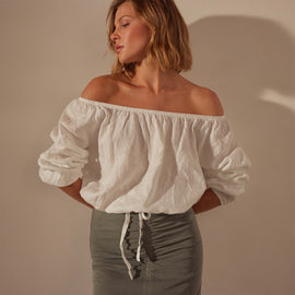 Linen Gathered Blouse in White | James Perse Los Angeles