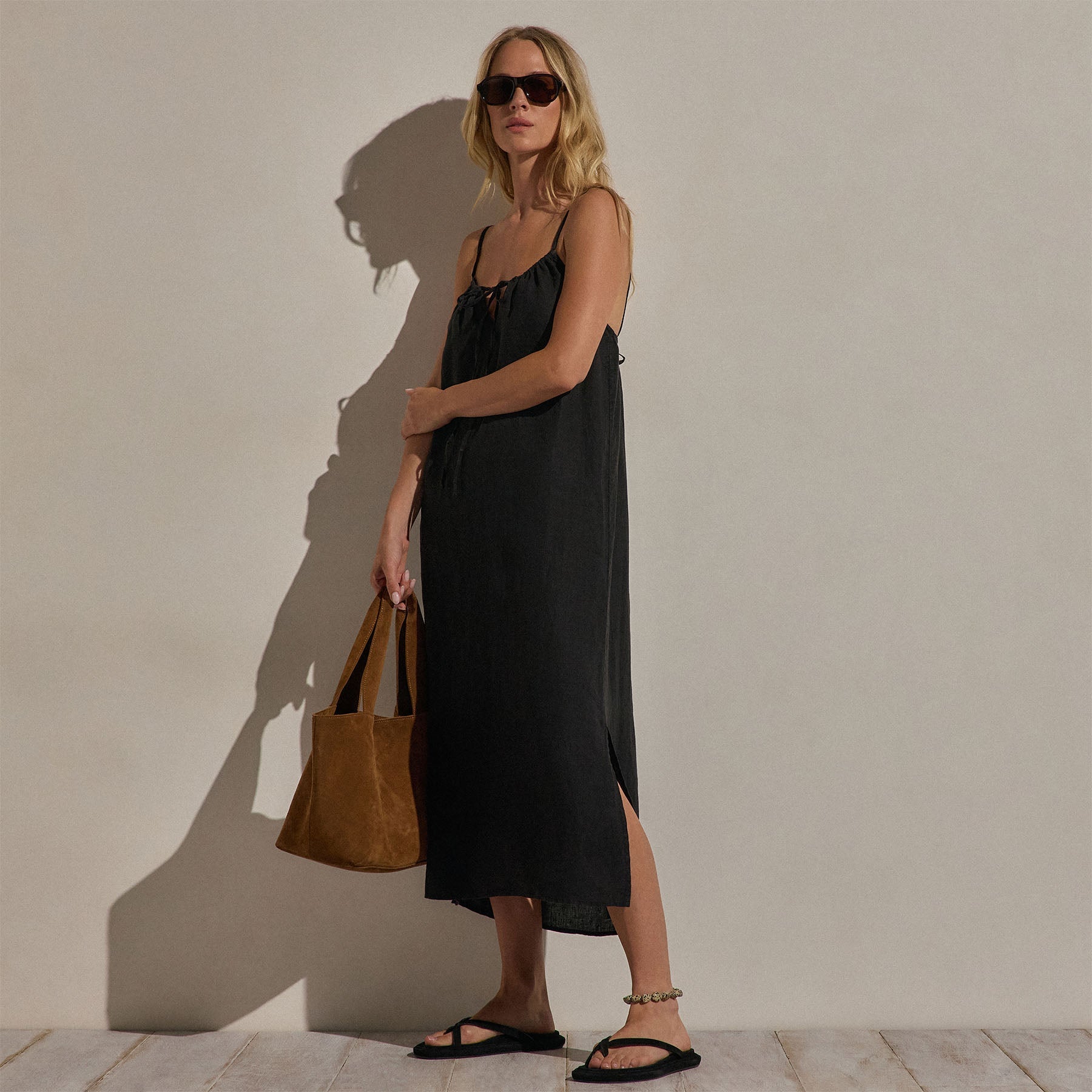 Lightweight Linen Strappy Cami Dress in Black | James Perse Los Angeles