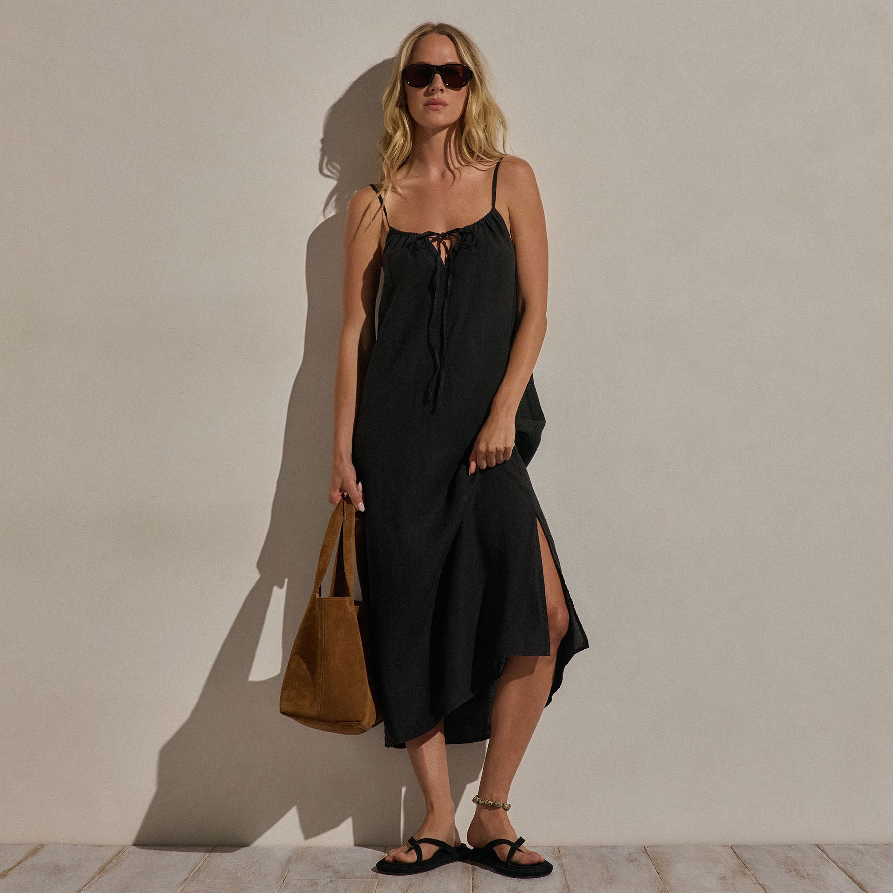 Lightweight Linen Strappy Cami Dress in Black | James Perse Los Angeles