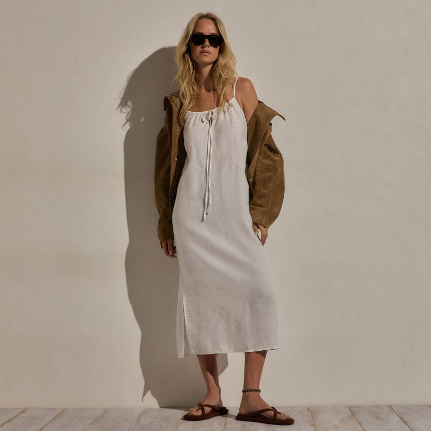 cami linen dress Sylvia Floral Lace Trim Layered Sleeveless Cami Dress in Linen Blend S/P