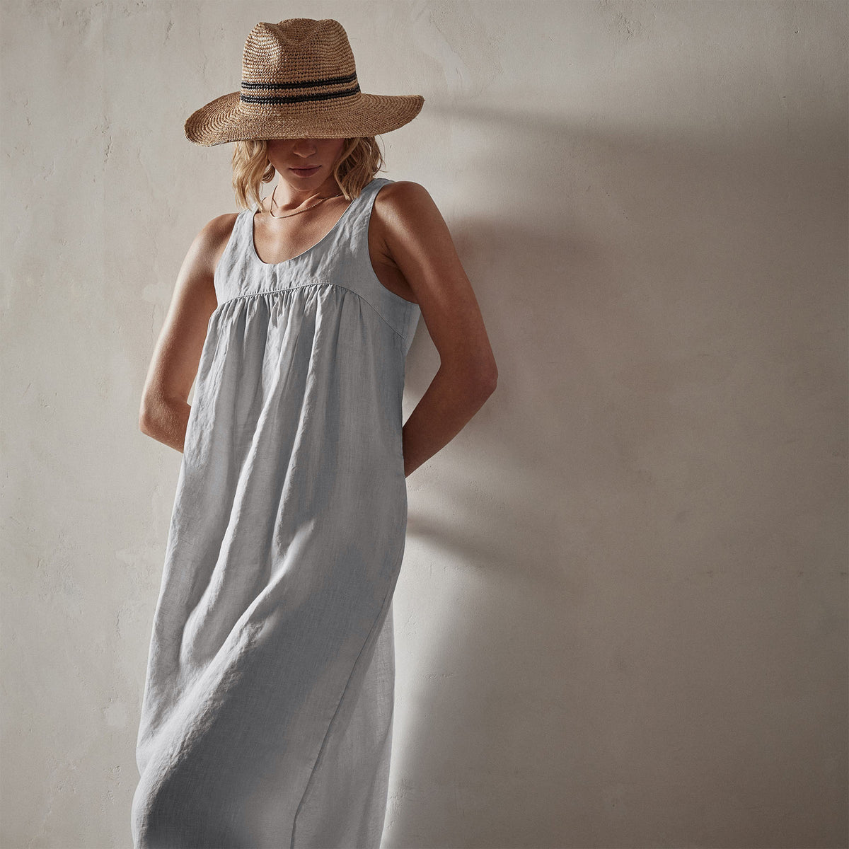 Gathered Linen Dress in Memory Pigment | James Perse Los Angeles
