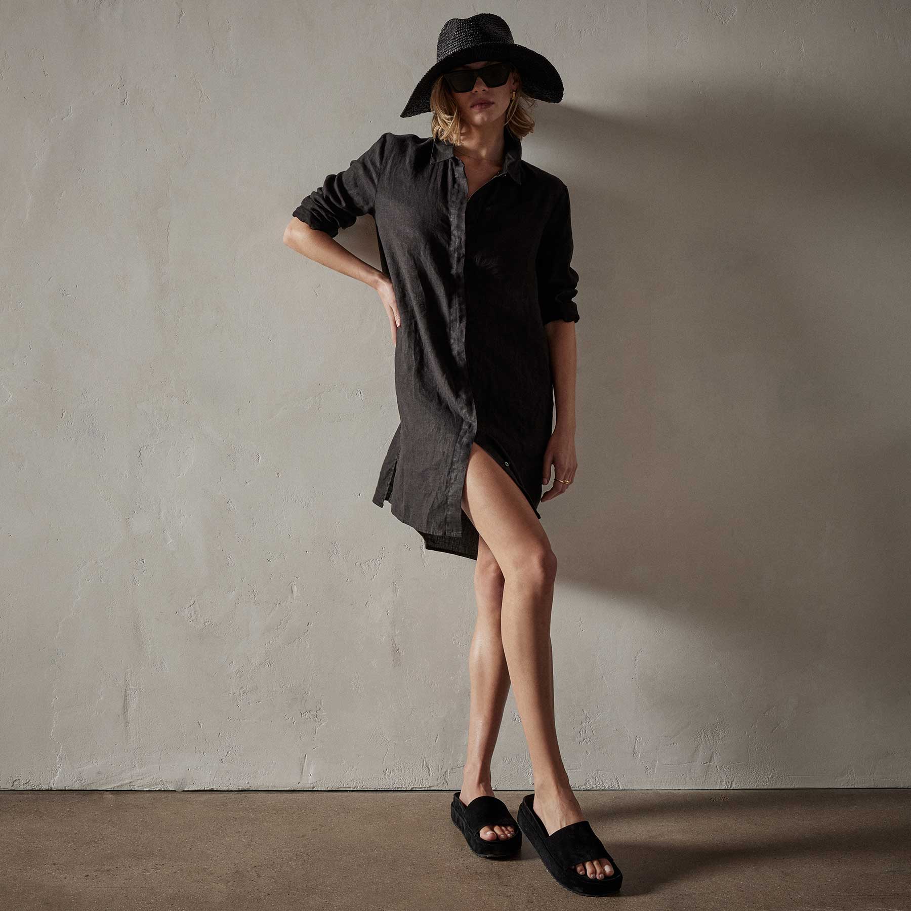 Lightweight Linen Shirt Dress - Black