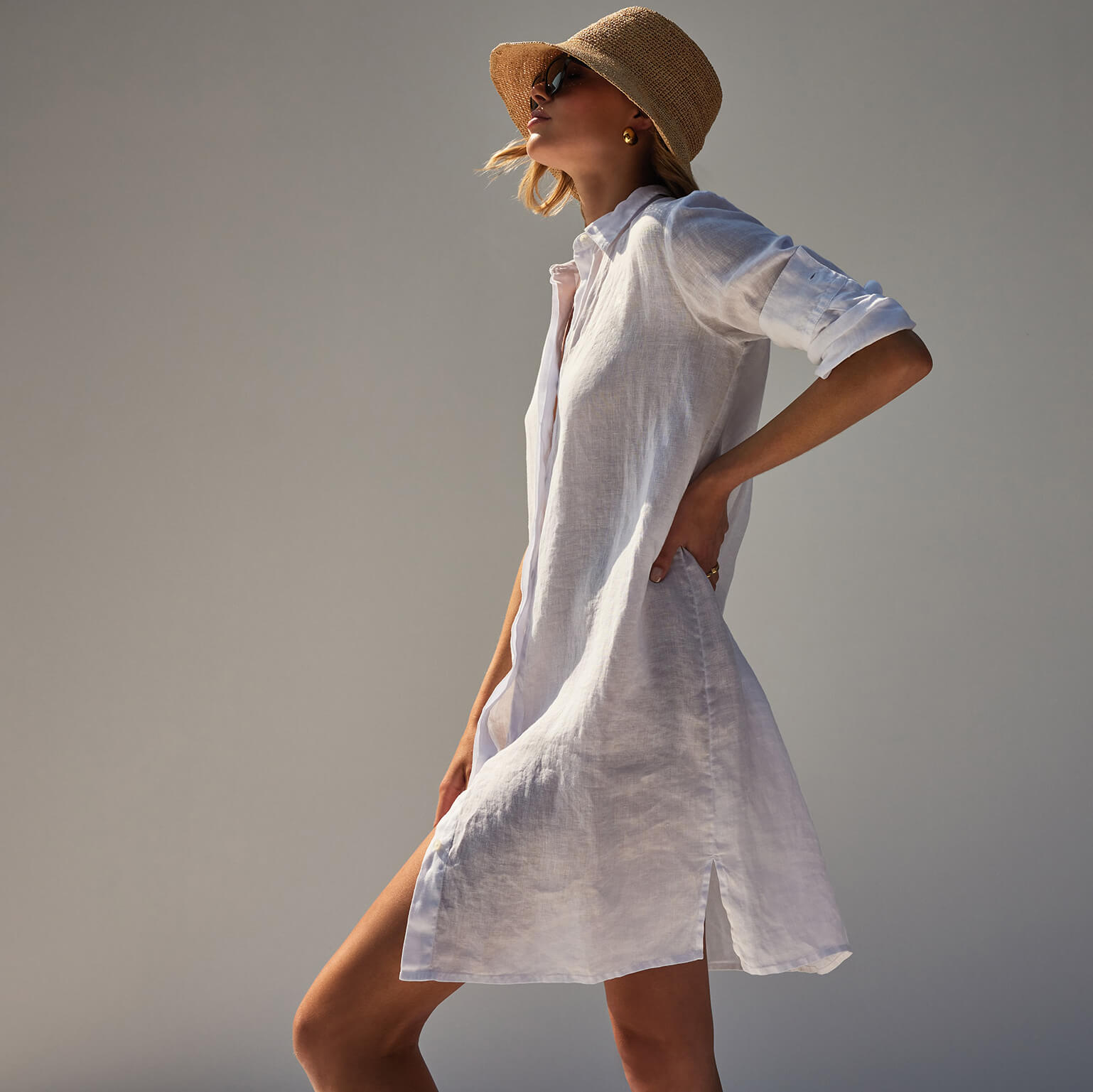Lightweight Linen Shirt Dress - White