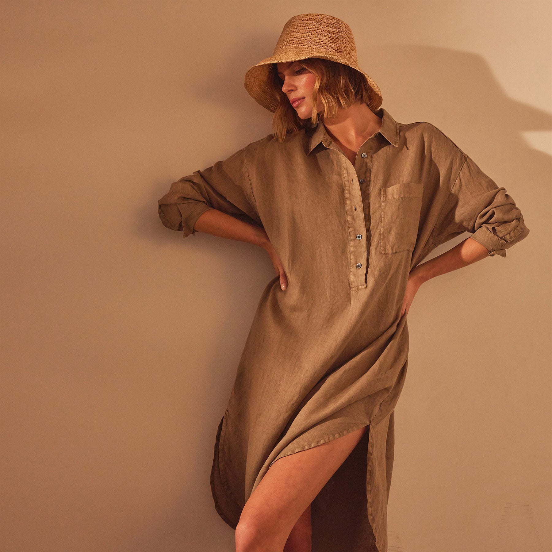 Linen Shirt Dress - Cashew Pigment | James Perse Los Angeles
