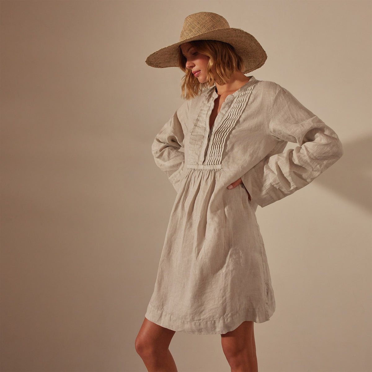 Garment Dye Linen Pin Tuck Dress in Salt Pigment | James Perse Los Angeles