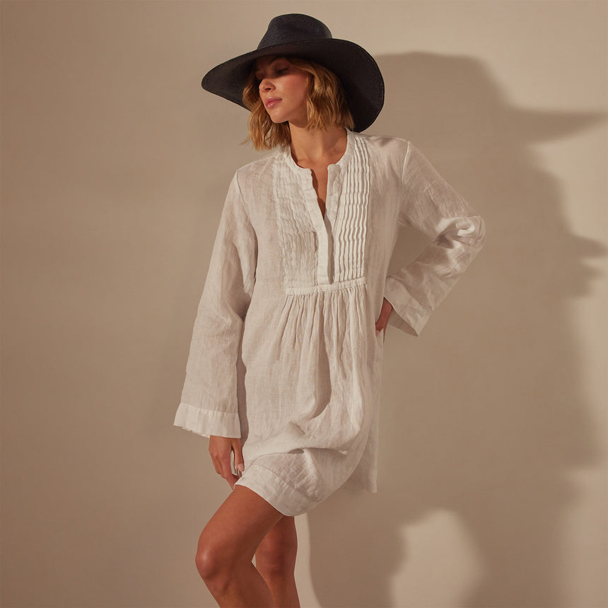 Garment Dye Linen Pin Tuck Dress in White | James Perse Los Angeles