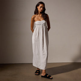 Linen Gathered Tube Dress in White | James Perse Los Angeles