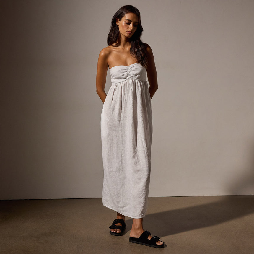 Linen Gathered Tube Dress in White | James Perse Los Angeles