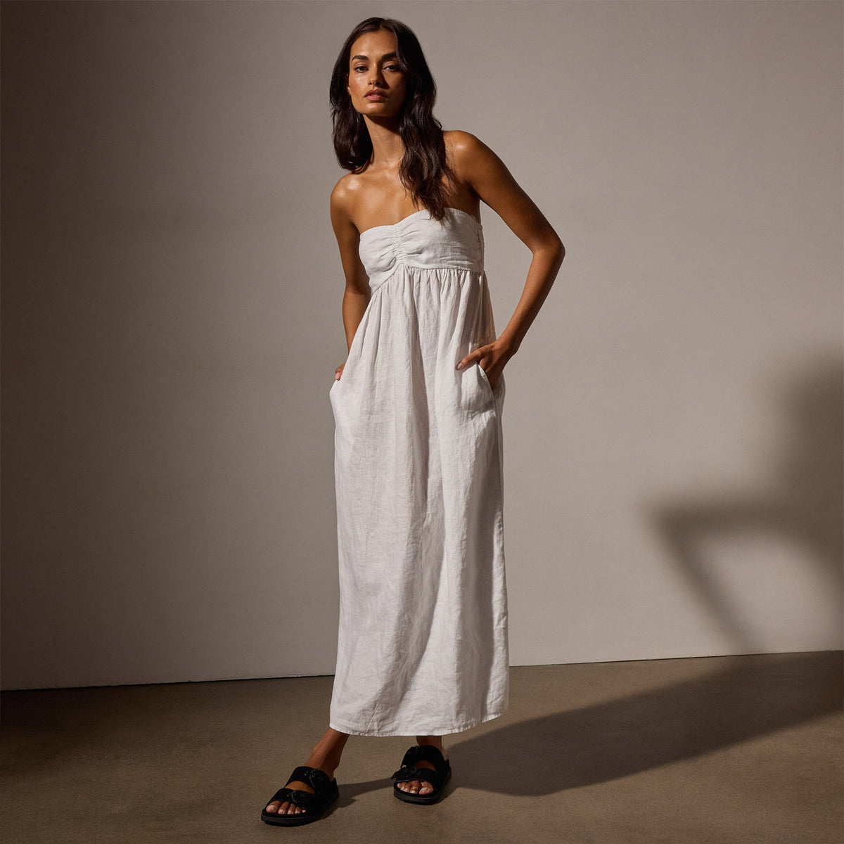 Linen Gathered Tube Dress in White | James Perse Los Angeles