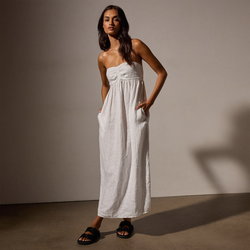Linen Gathered Tube Dress in White | James Perse Los Angeles