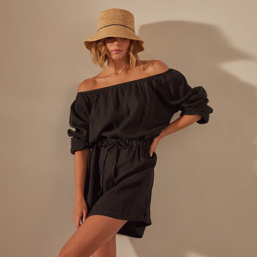 Gathered Linen Dress in Black | James Perse Los Angeles