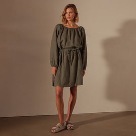 Gathered Linen Dress in Palm Pigment | James Perse Los Angeles