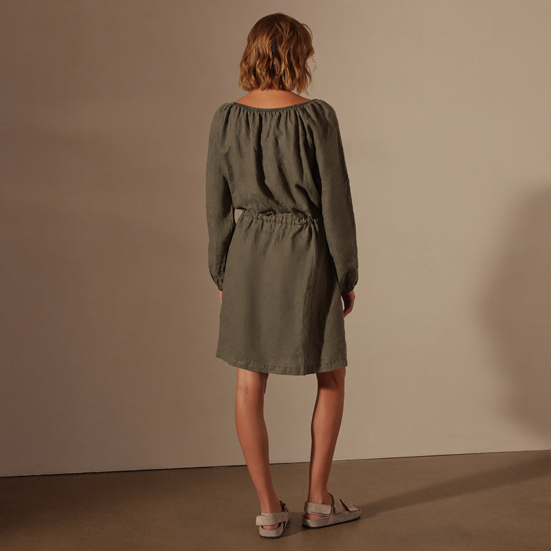 Gathered Linen Dress in Palm Pigment | James Perse Los Angeles