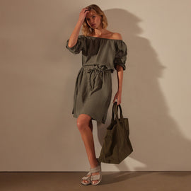 Gathered Linen Dress in Palm Pigment | James Perse Los Angeles
