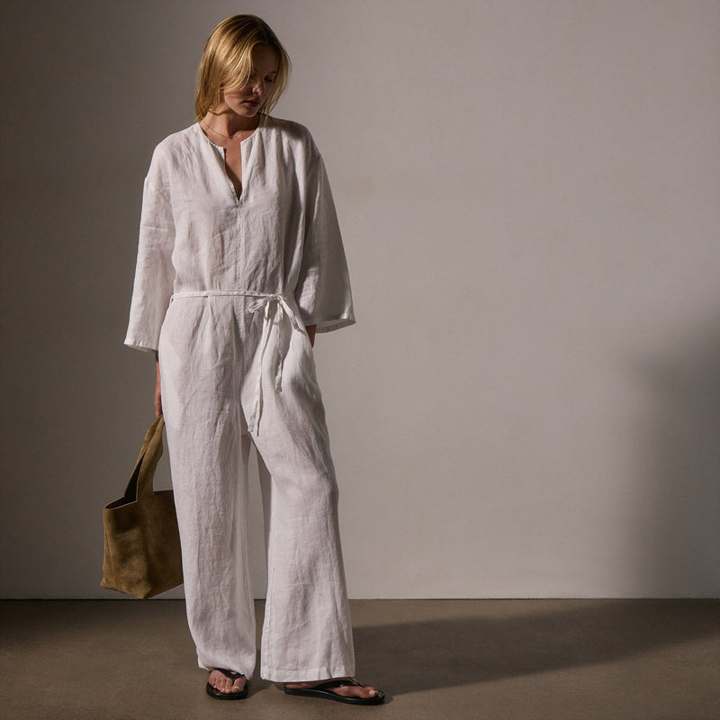 Garment Dye Linen Jumpsuit in White | James Perse Los Angeles