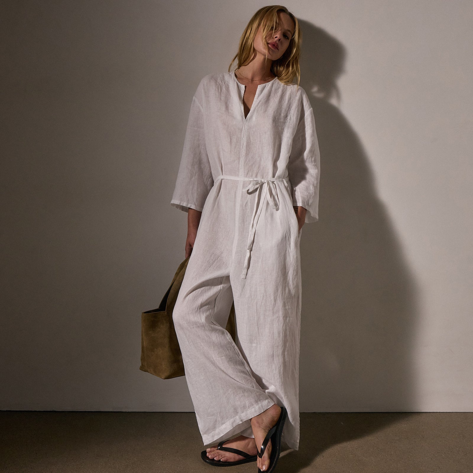 Garment Dye Linen Jumpsuit in White | James Perse Los Angeles