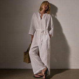 Garment Dye Linen Jumpsuit in White | James Perse Los Angeles