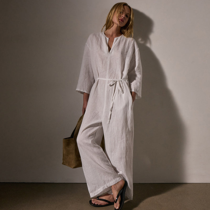 Garment Dye Linen Jumpsuit in White | James Perse Los Angeles