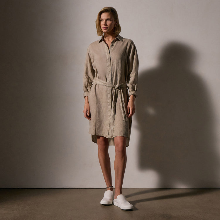 Linen Shirt Dress With Tie in Overcast Pigment | James Perse Los Angeles