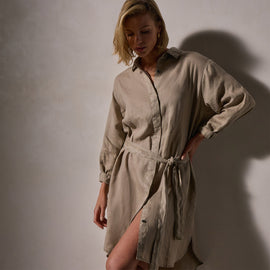 Linen Shirt Dress With Tie in Overcast Pigment | James Perse Los Angeles