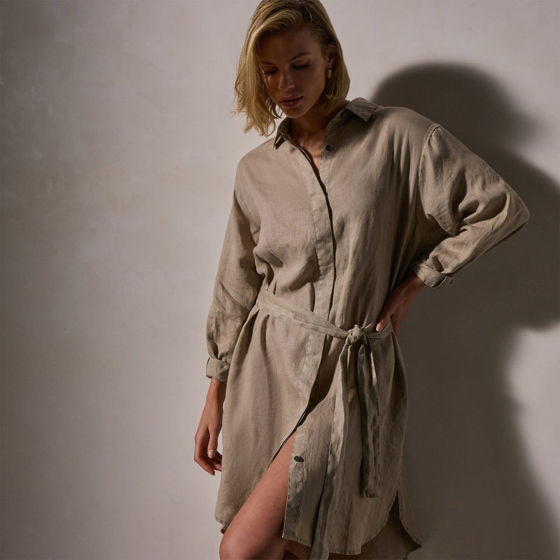 Linen Shirt Dress With Tie in Overcast Pigment | James Perse Los Angeles