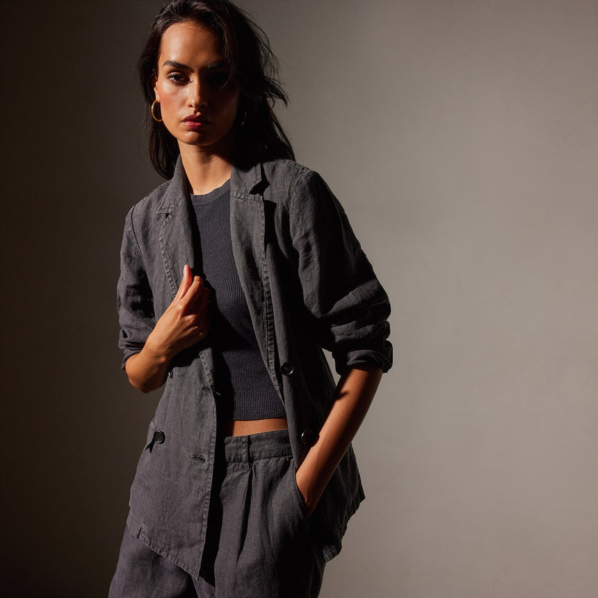 Garment Dyed Linen Double Breasted Blazer in Magma Pigment | James Perse in Los Angeles